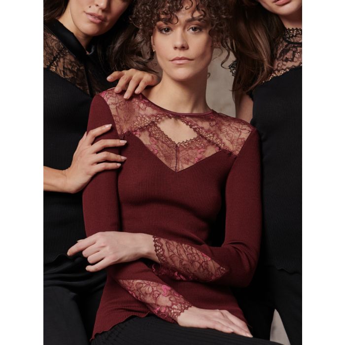 Merino Wolle-Seide LANGARMSHIRT gerippt mit Calais Spitze von Oscalito