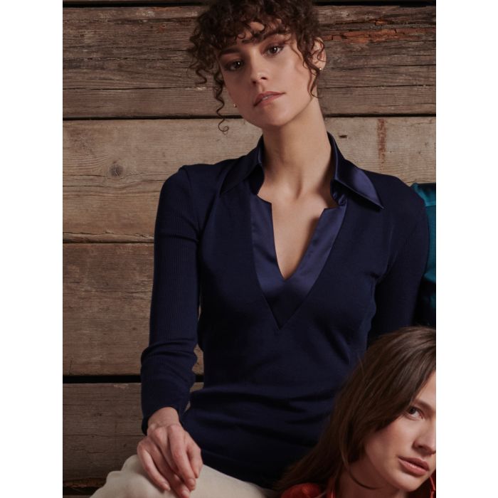 Merino Wolle-Seide KRAGEN-SHIRT dunkelblau von Oscalito