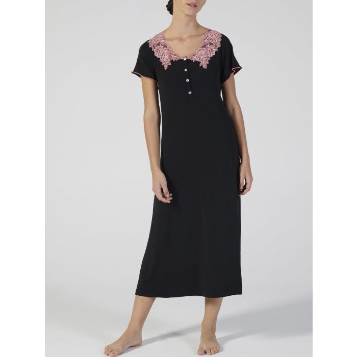 Modal Nachtkleid mit Spitze wadenlang schwarz-rosa von Verdiani