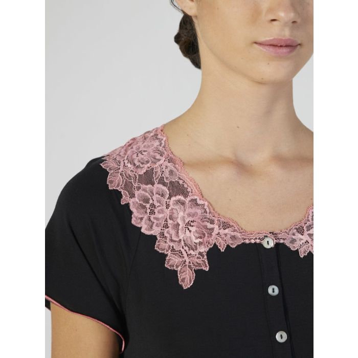 Modal Nachtkleid mit Spitze wadenlang schwarz-rosa von Verdiani