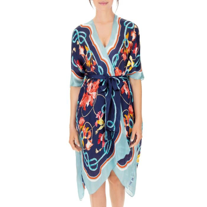 100% Seide Kimono MEDITERRANEAN GARDENS blau-bunt von Luna di Seta