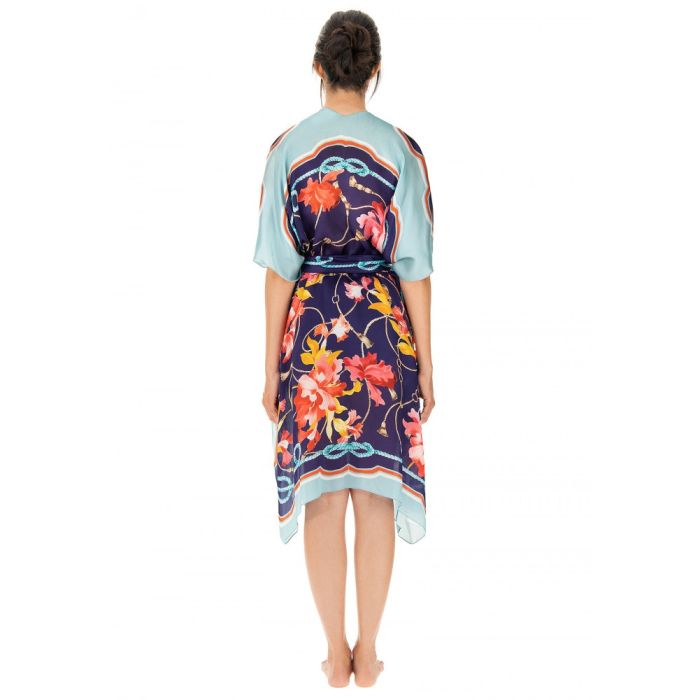100% Seide Kimono MEDITERRANEAN GARDENS blau-bunt von Luna di Seta
