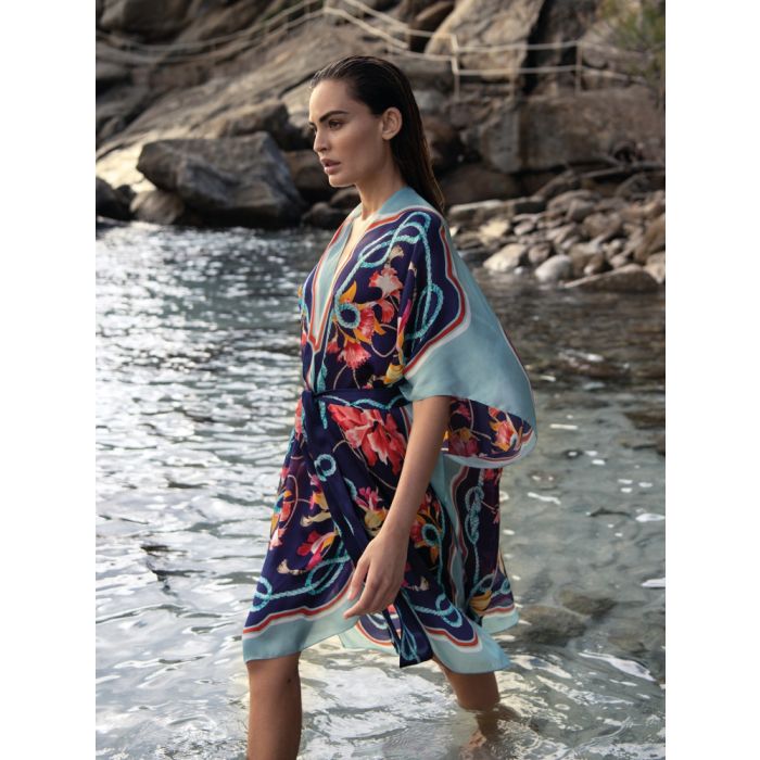 100% Seide Kimono MEDITERRANEAN GARDENS blau-bunt von Luna di Seta